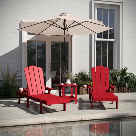 FLASH FURNITURE Sonora 3 Piece Adirondack Set w/2 Adjustable HDPE Loungers w/Cup Holders and 2-Tier Side Table, Red LE-HMP-070-1035-RD-GG
